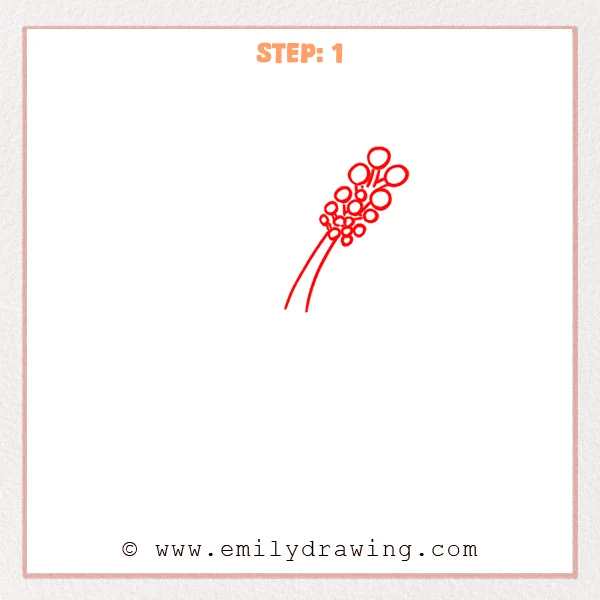 how to draw a hawaiian flower - Step 1 of how to draw a hawaiian flower—small and large hollow circles form the pollen cluster, with two curved stamen stalk lines extending downward.